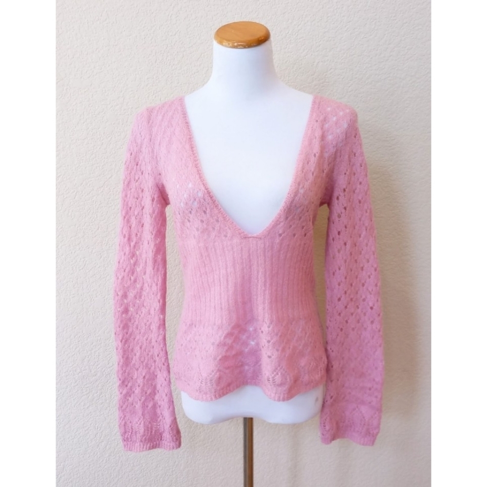 💕 New York & Company vintage Y2K pink loose knit mohair blend v-neck sweater